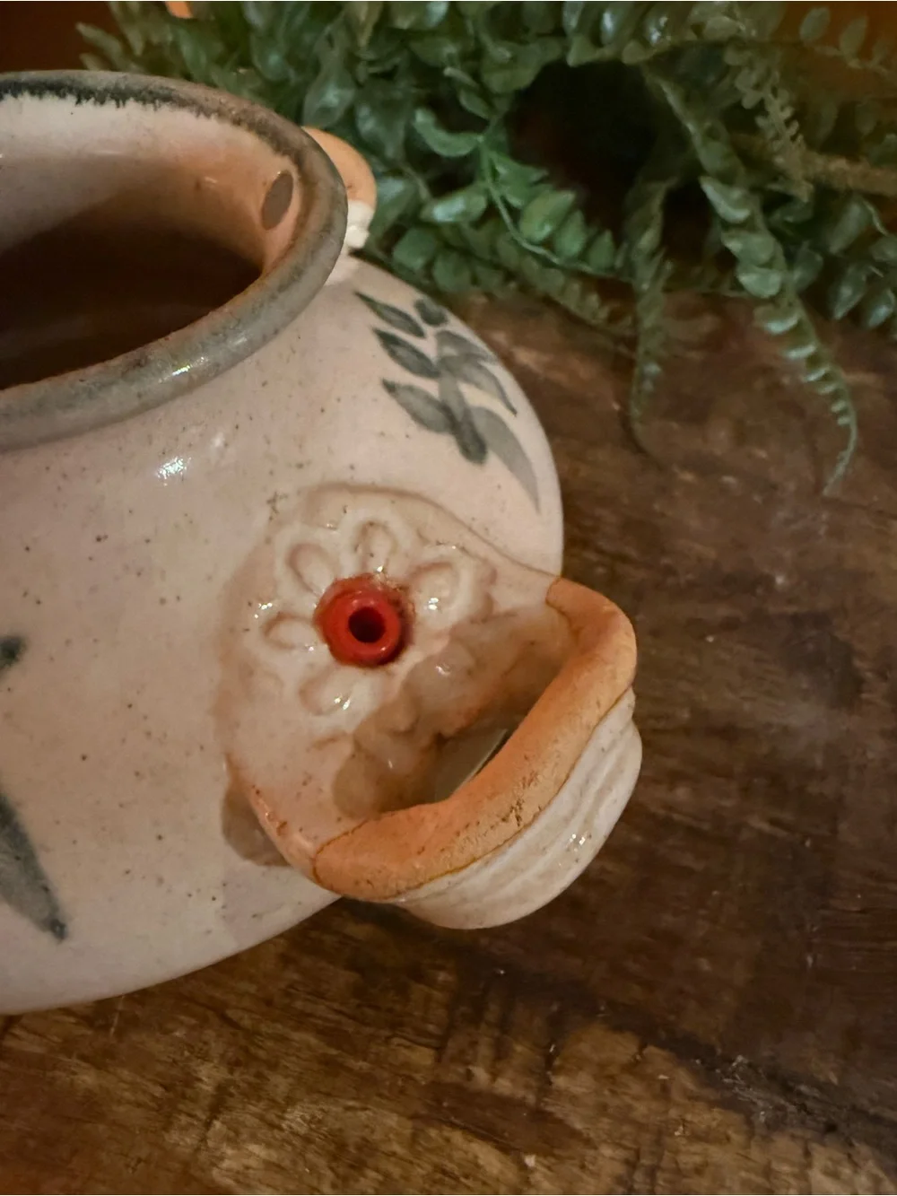HANDCRAFTED HUMMINGBIRD FEEDER SIGNED THORPE FALL TONES ORNATE HANDLE POTTERY